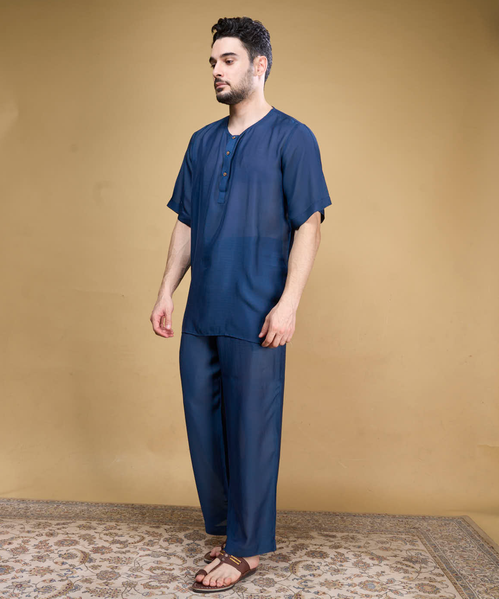 Men's Vishraam Navy Kurta Pajama Set - Main Image