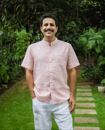 Linen Mandarin Collared Shirt Peach