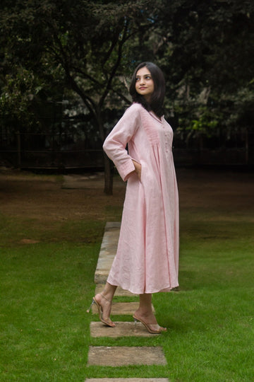 Linen Shawls Collar Dress Peach