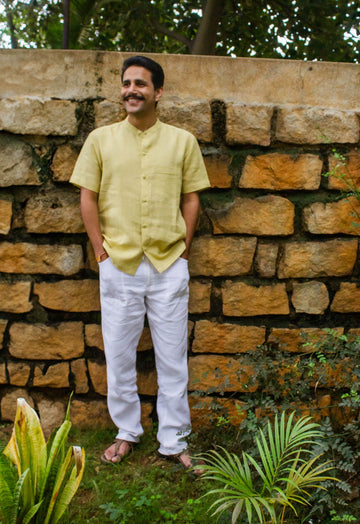 Linen Mandarin Collared Shirt Yellow