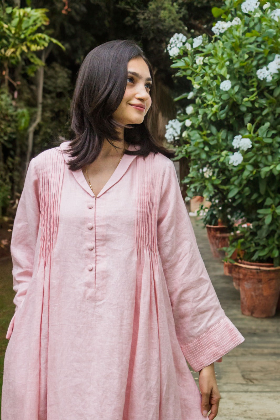Linen Shawls Collar Dress Peach