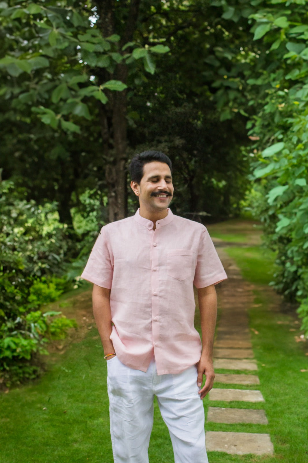 Linen Mandarin Collared Shirt Peach