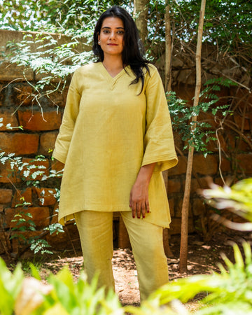 Pure Linen A-line Coord Set Yellow
