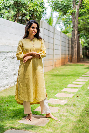 Pure Linen Curved Hem Kurta Yellow