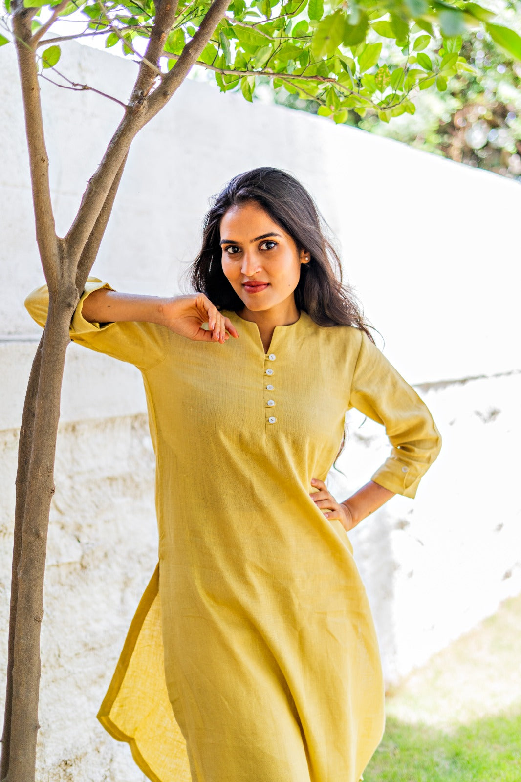 Pure Linen Curved Hem Kurta Yellow