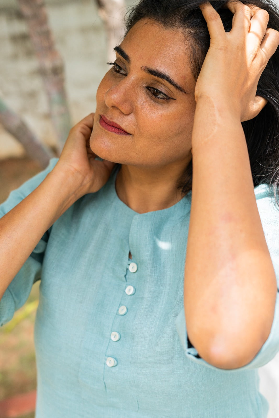 Pure Linen Curved Hem Kurta Teal