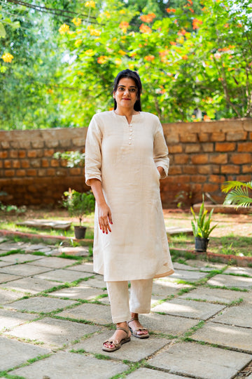 Pure Linen Curved Hem Kurta Beige