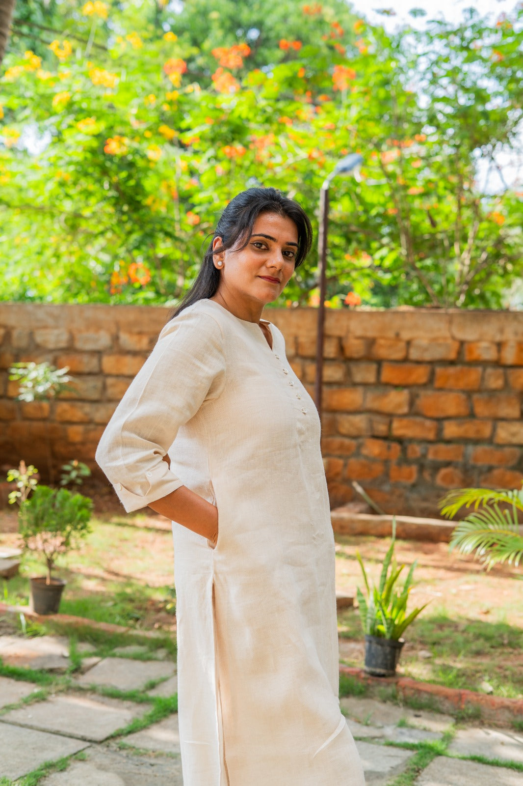 Pure Linen Curved Hem Kurta Beige