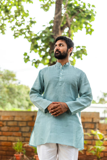 Men's Pure Linen Short Kurta Teal