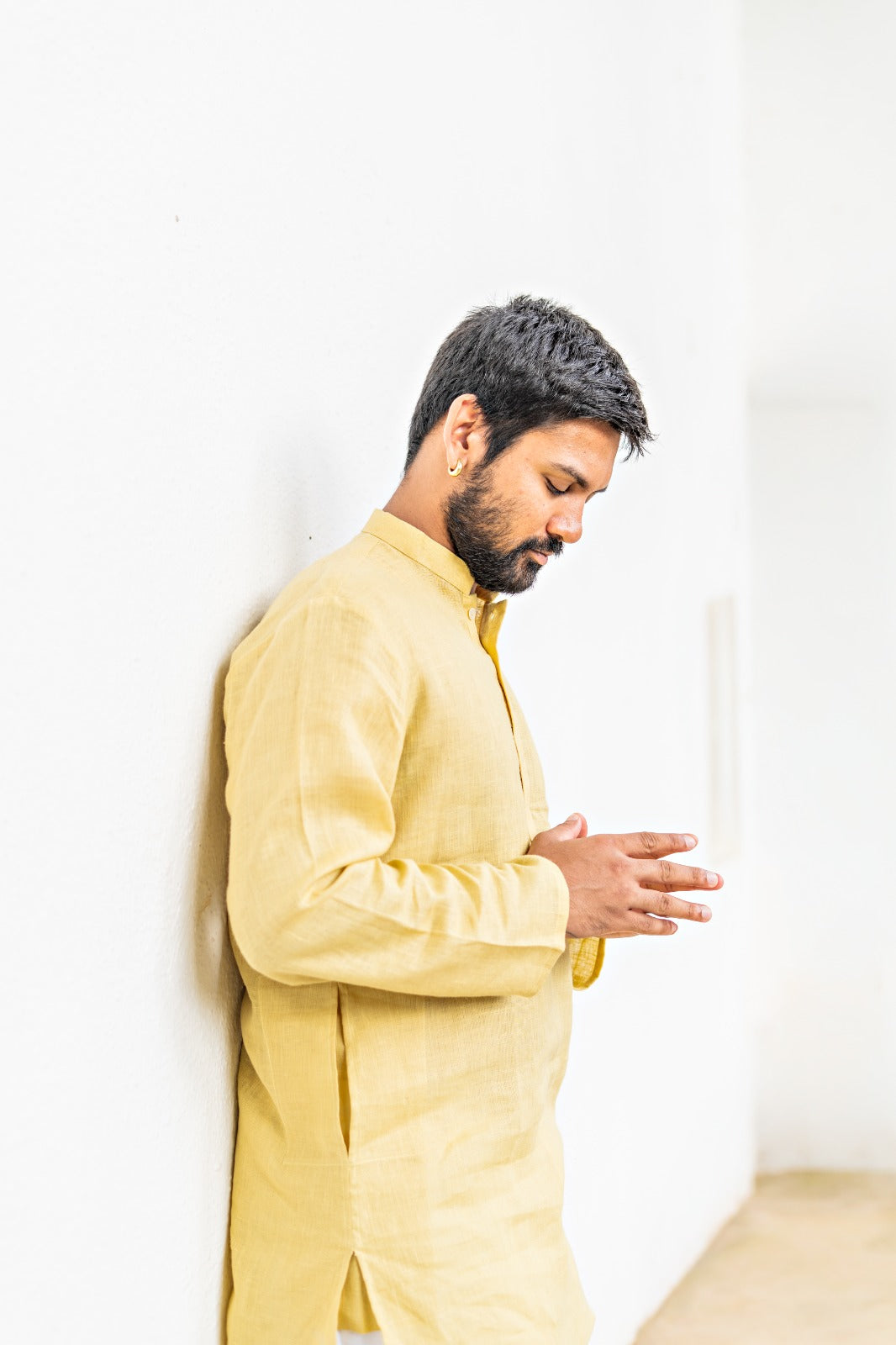 Men's Pure Linen Short Kurta Yellow