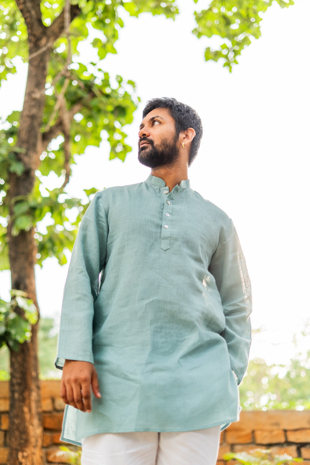 Men's Pure Linen Short Kurta Teal