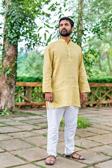 Men's Pure Linen Short Kurta Yellow