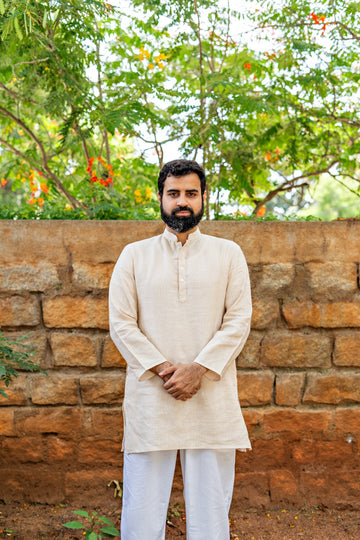 Men's Pure Linen Short Kurta Beige