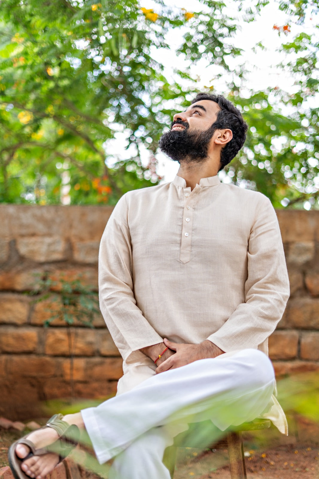 Men's Pure Linen Short Kurta Beige