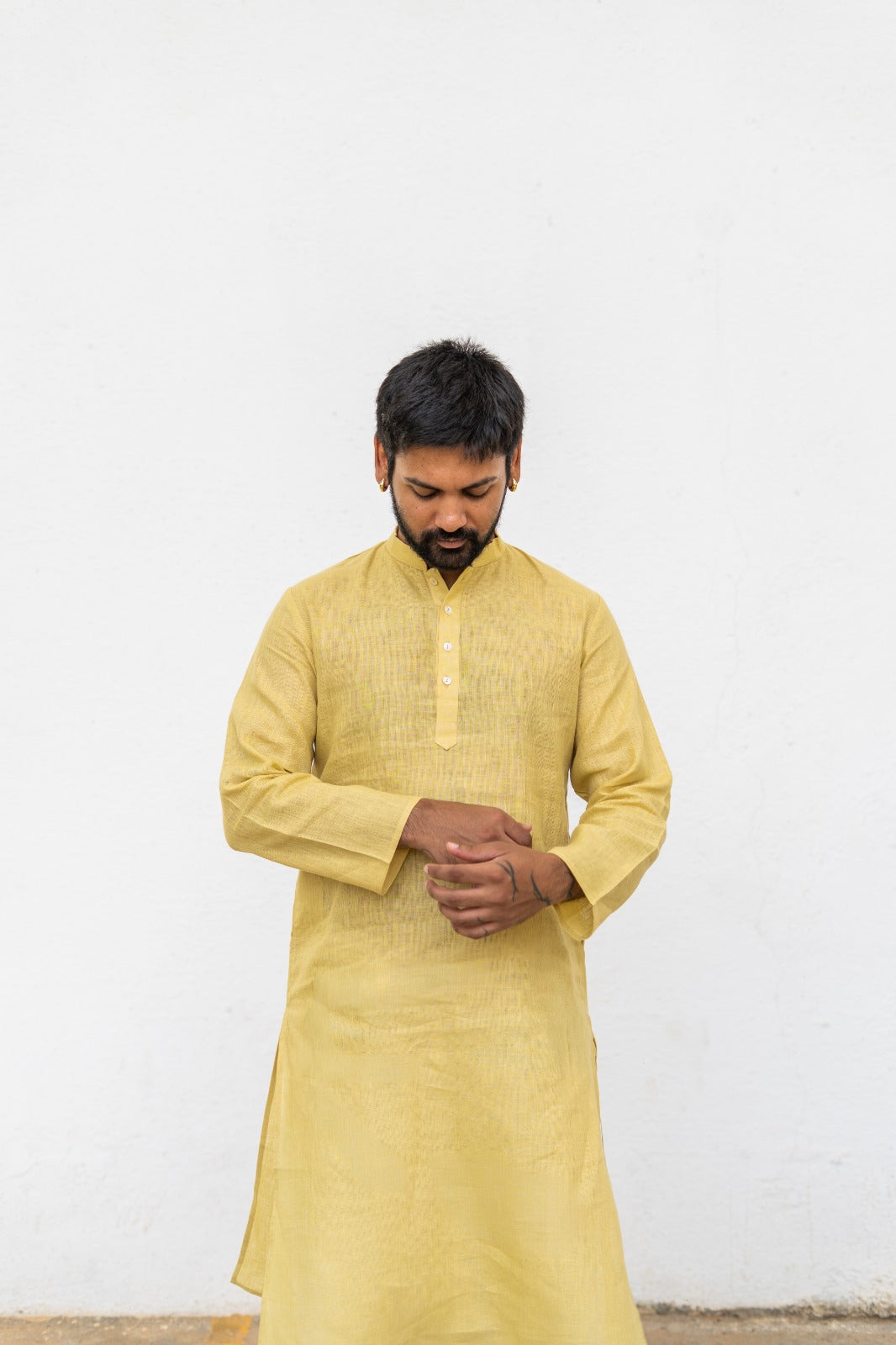 Men's Pure Linen Long Kurta Yellow