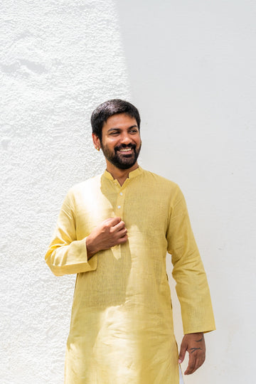 Men's Pure Linen Long Kurta Yellow