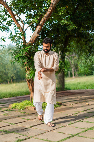 Men's Pure Linen Long Kurta Beige