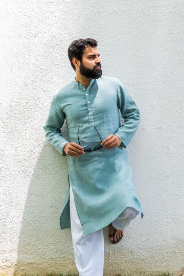 Men's Pure Linen Long Kurta Teal