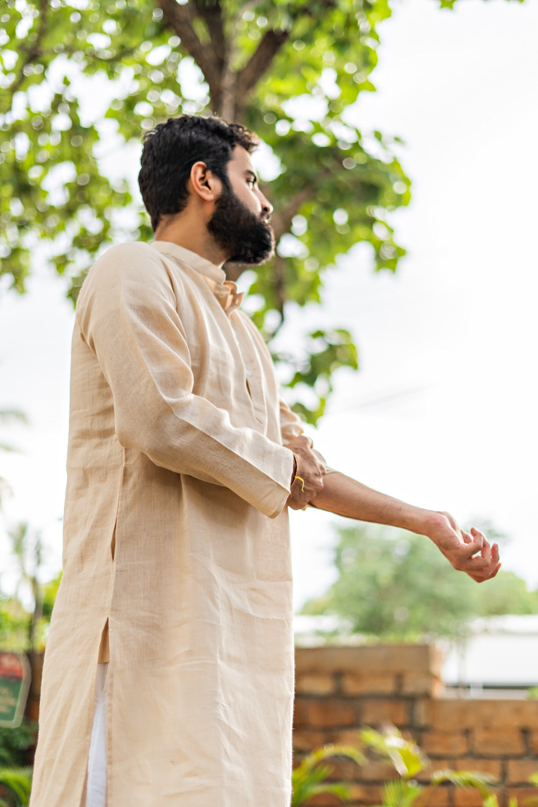 Men's Pure Linen Long Kurta Beige