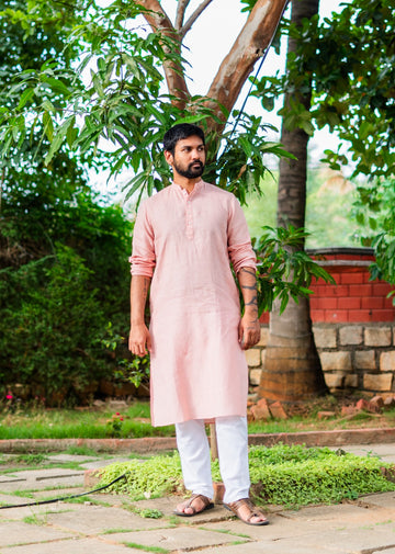 Men's Pure Linen Long Kurta Peach