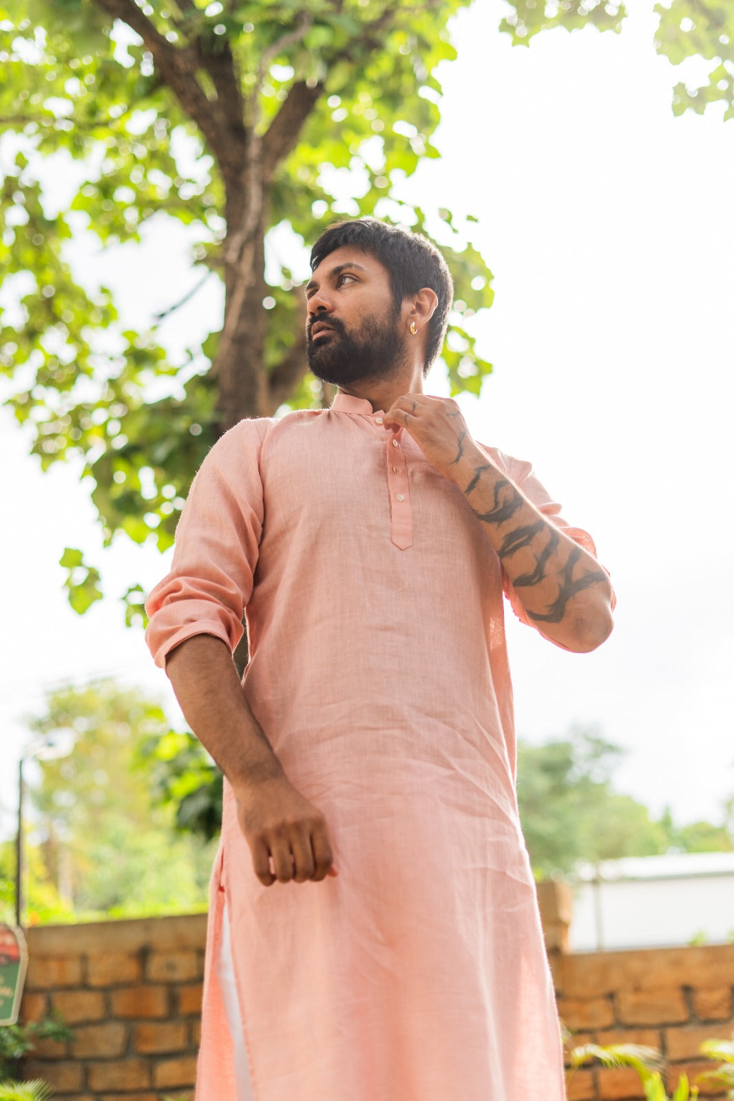 Men's Pure Linen Long Kurta Peach