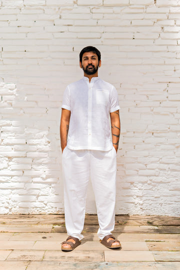 Men's Pure Linen Curved Hem White Shirt