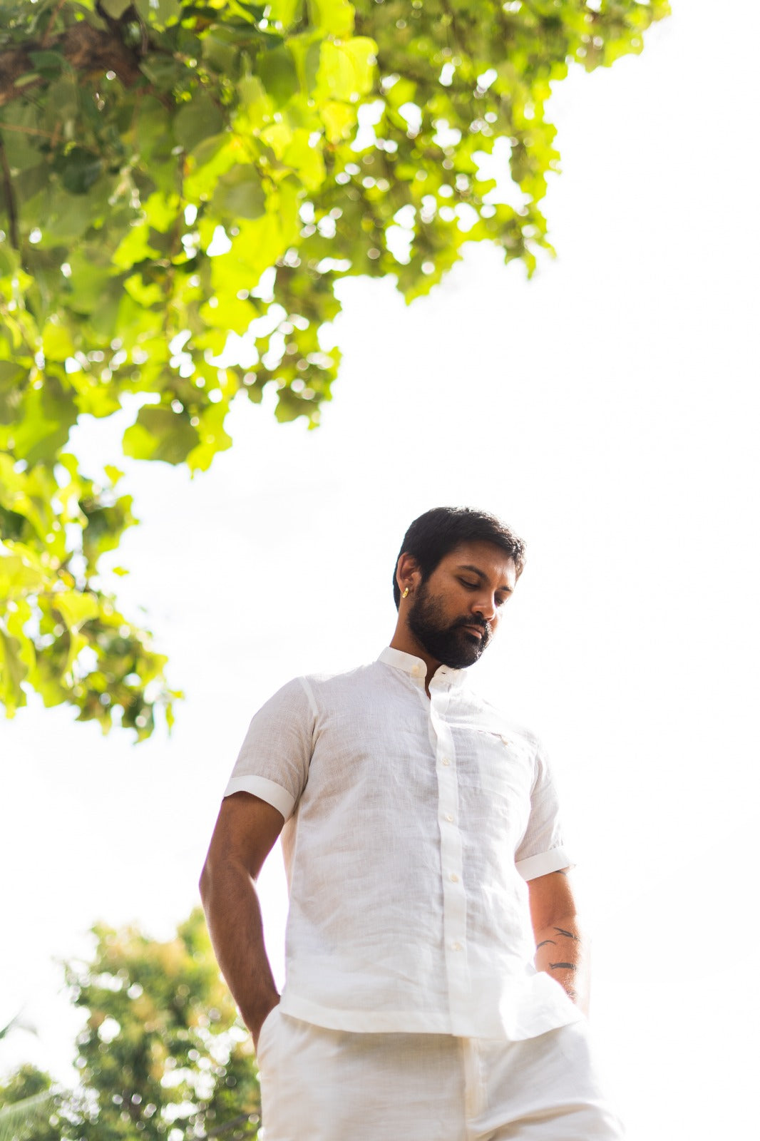 Men's Pure Linen Curved Hem White Shirt
