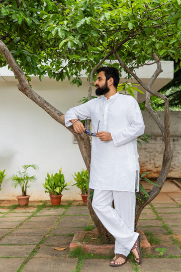 Men's Pure Linen Loop Button Style Short Kurta