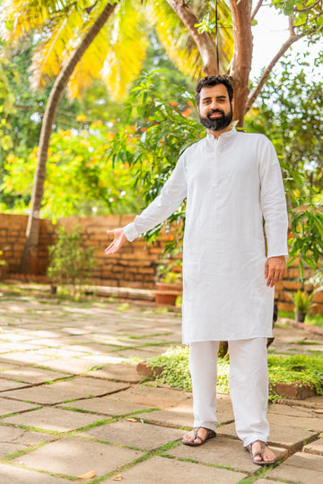 Men's Pure Linen White Long Kurta with Pin-tuck detailing on Sleeves