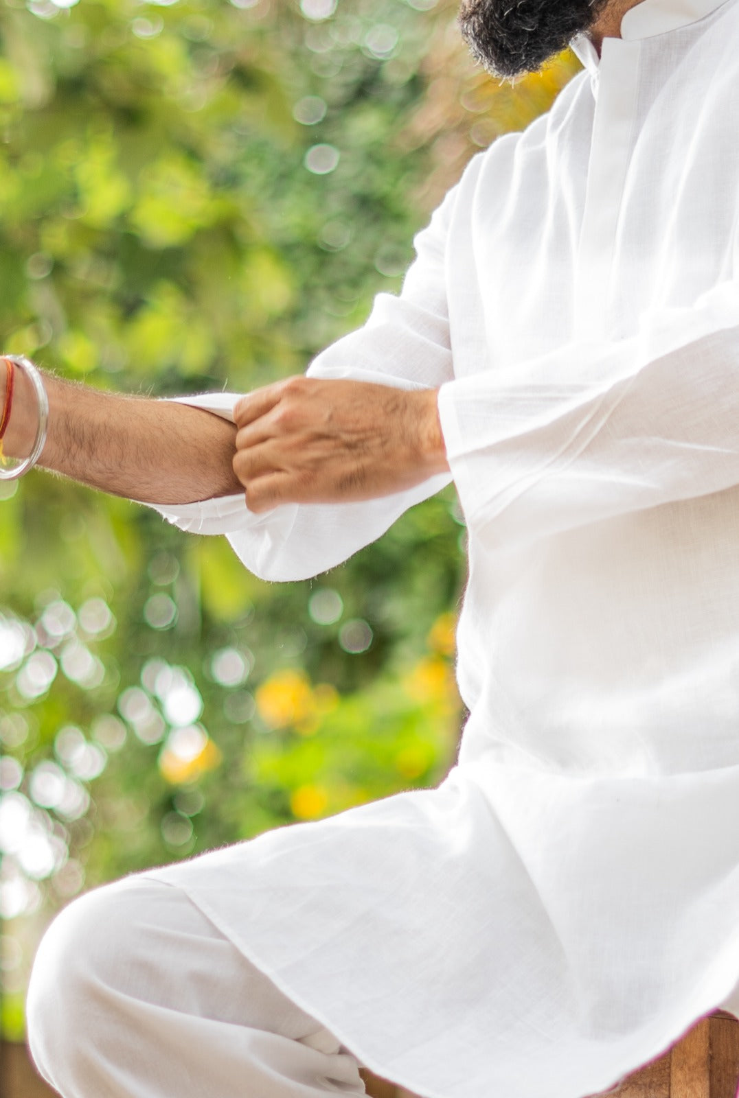 Men's Pure Linen White Long Kurta with Pin-tuck detailing on Sleeves