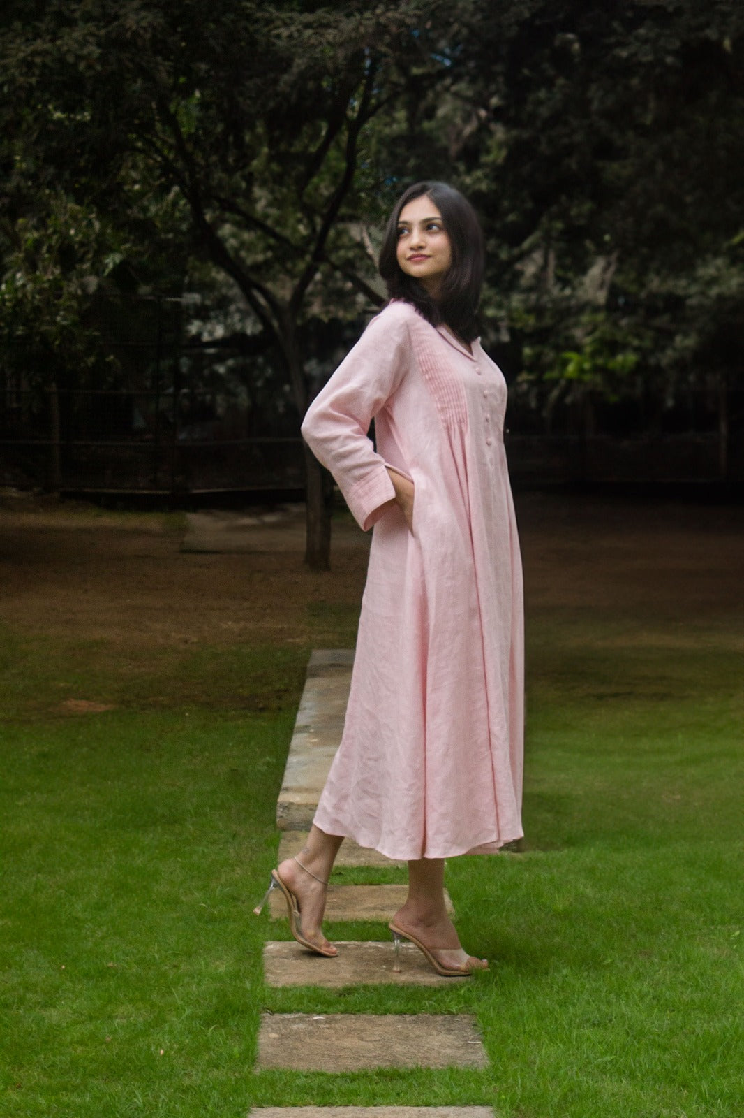 Linen Shawls Collar Dress Peach
