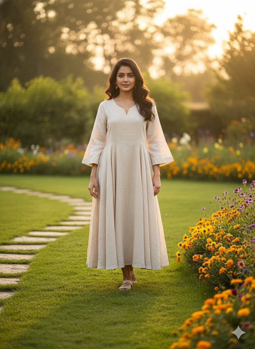 Linen Panel Dress Teal Off-white