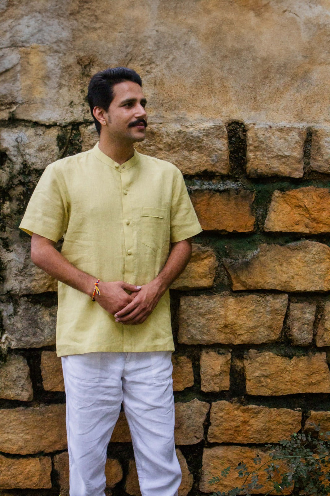 Linen Mandarin Collared Shirt Yellow