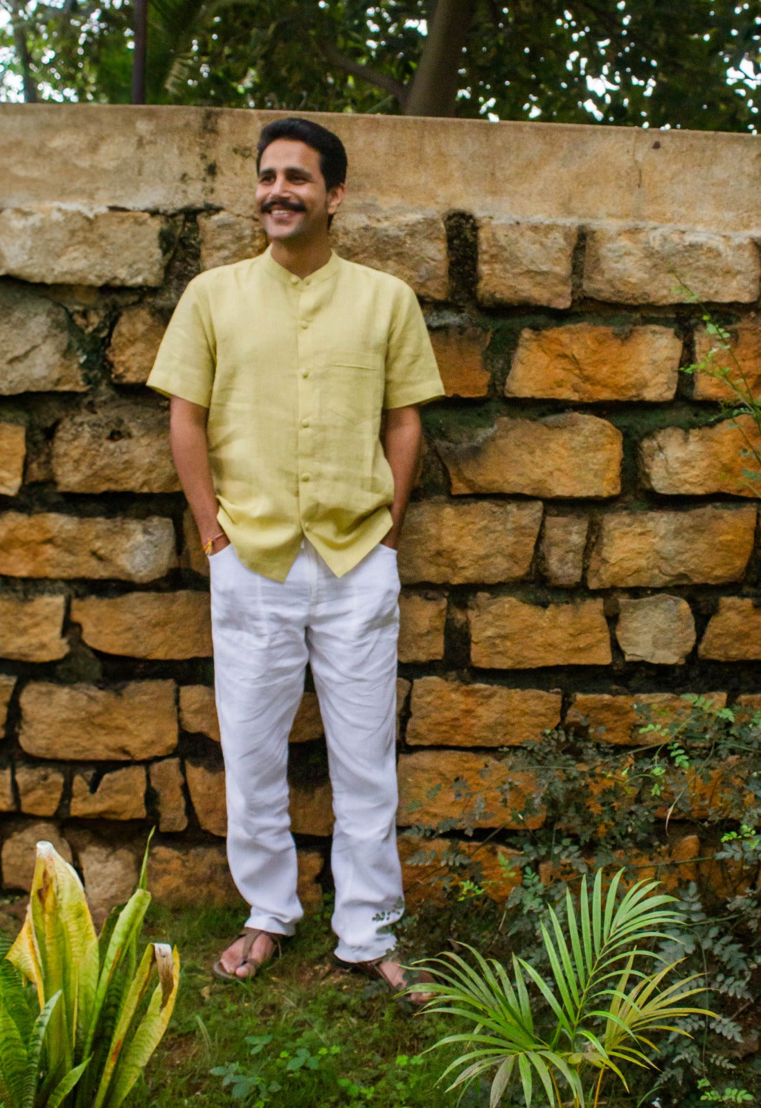 Linen Mandarin Collared Shirt Yellow