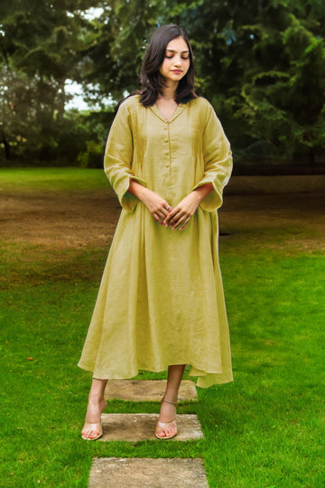Linen Shawls Collar Dress Yellow