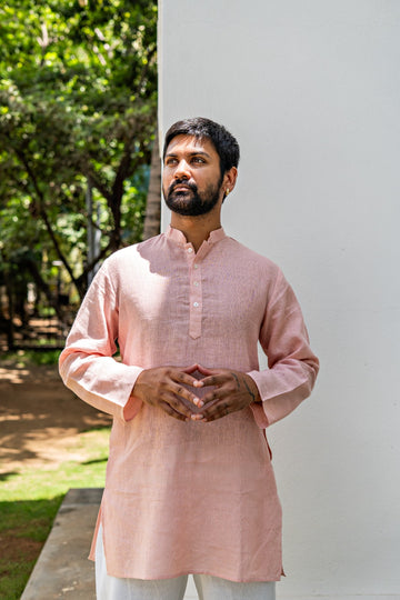 Men's Pure Linen Short Kurta Peach
