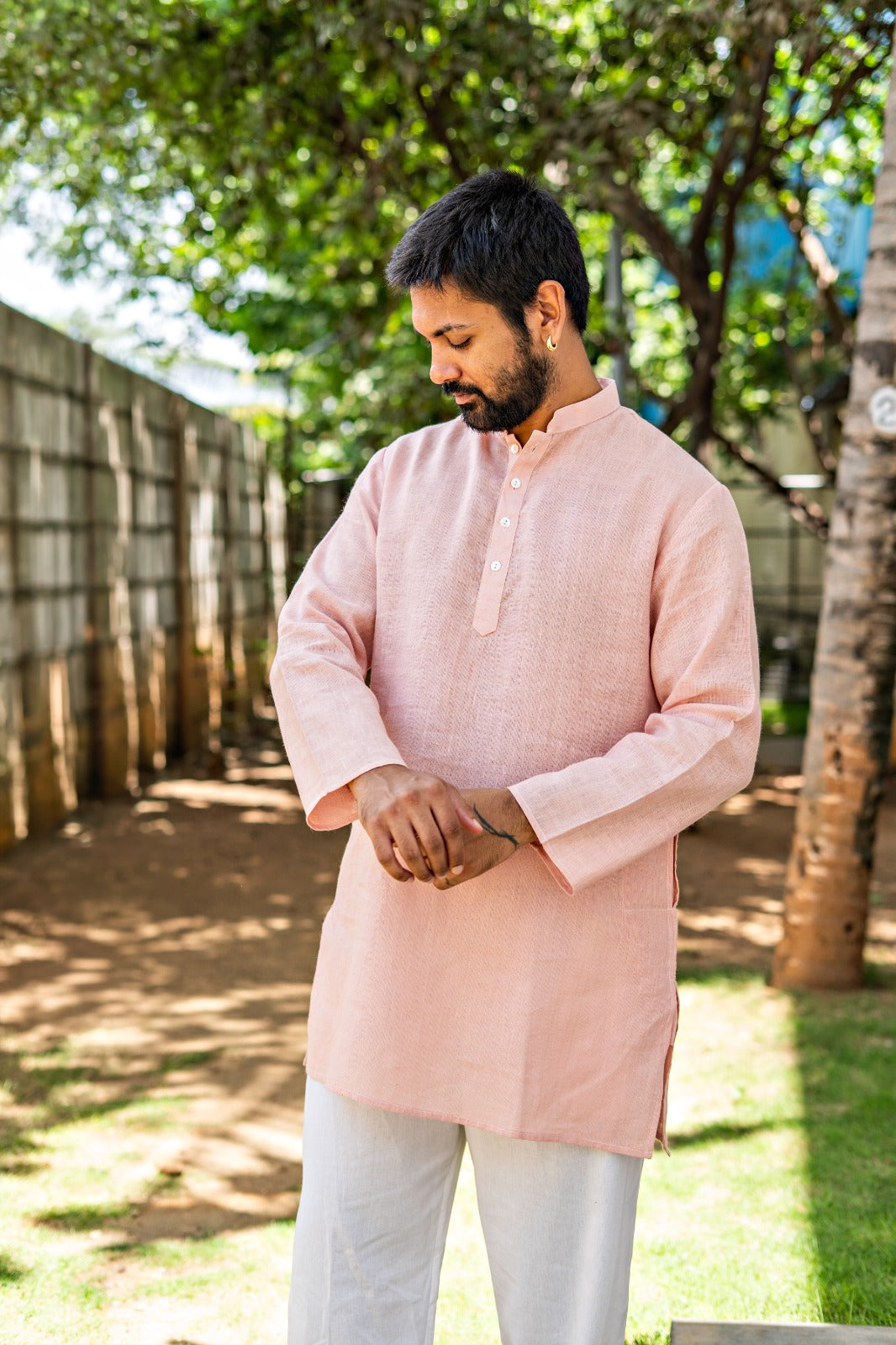 Men's Pure Linen Short Kurta Peach